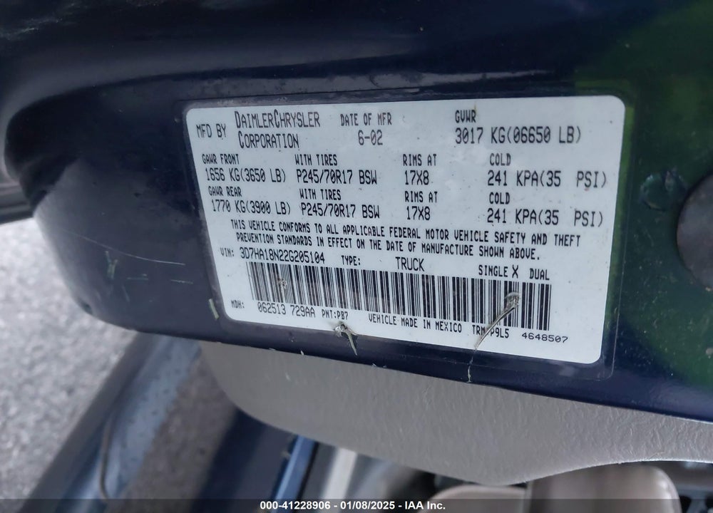 2002 DODGE RAM 1500 ST VIN: 3D7HA18N22G205104