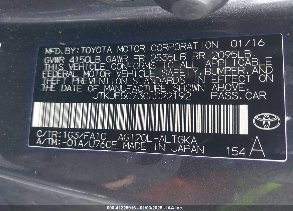 2016 SCION TC VIN: JTKJF5C73GJ022192