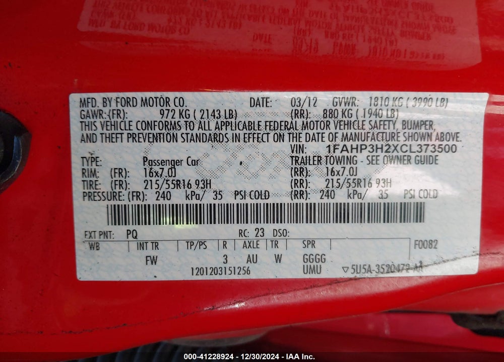 2012 FORD FOCUS VIN: 1FAHP3H2XCL373500