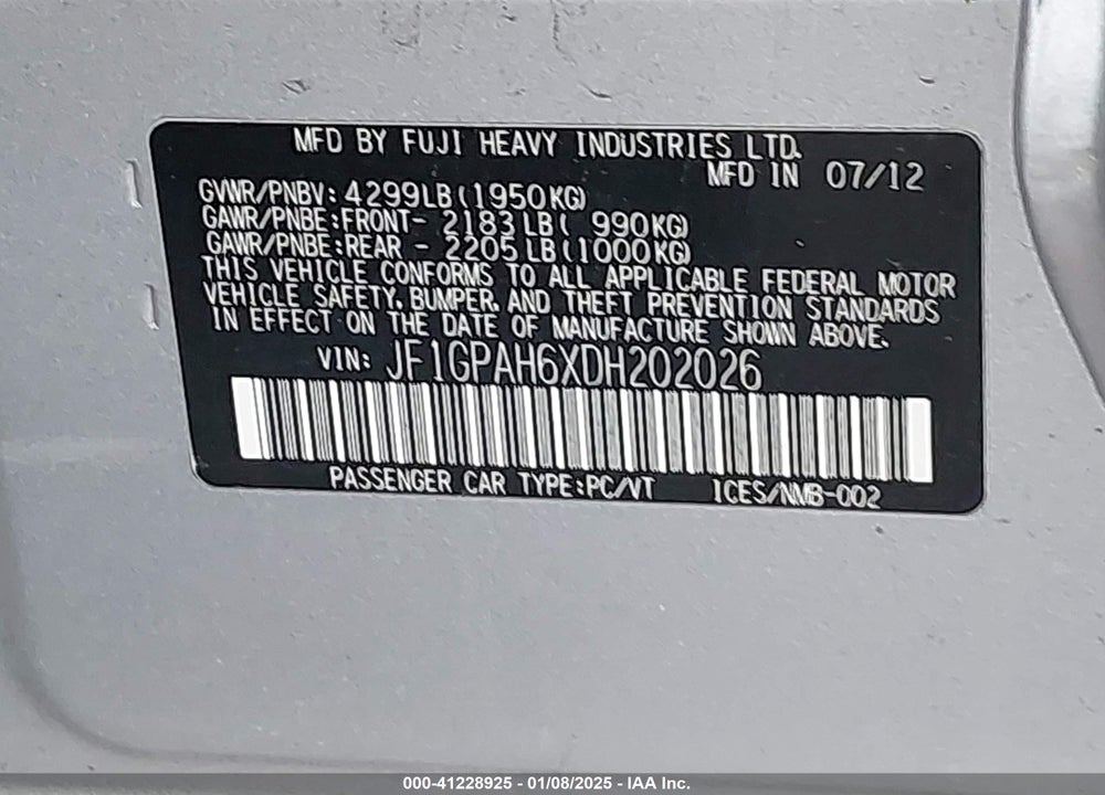 2013 SUBARU IMPREZA 2.0I LIMITED VIN: JF1GPAH6XDH202026