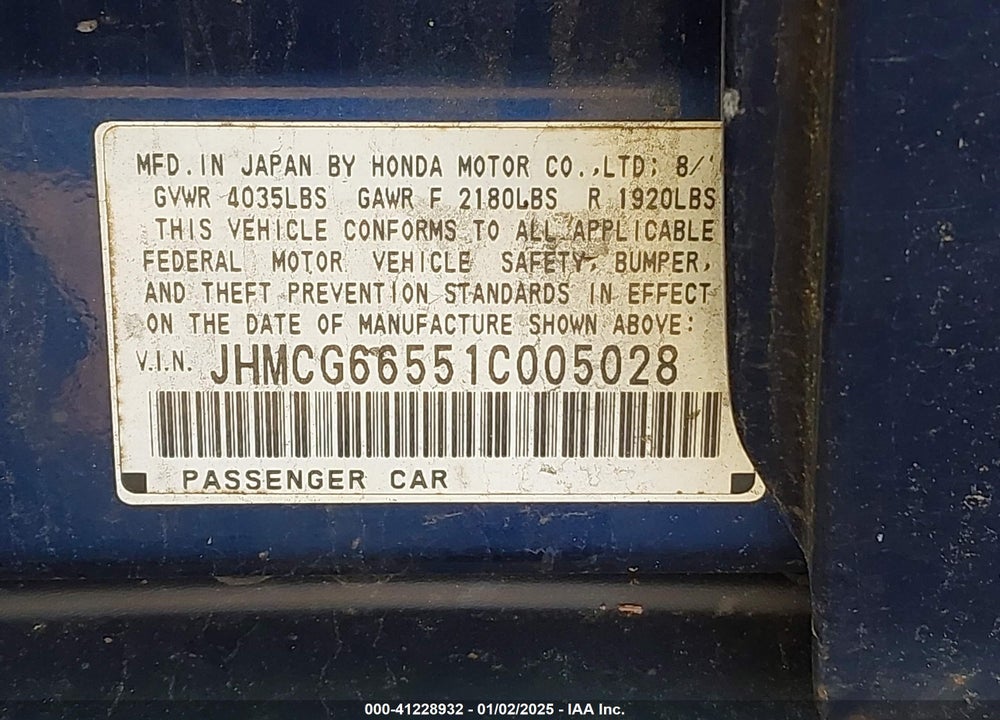 2001 HONDA ACCORD 2.3 LX VIN: JHMCG66551C005028