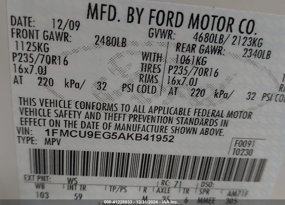 2010 FORD ESCAPE LIMITED VIN: 1FMCU9EG5AKB41952