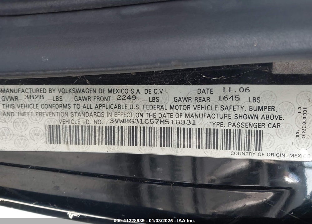 2007 VOLKSWAGEN NEW BEETLE 2.5 VIN: 3VWRG31C57M510331