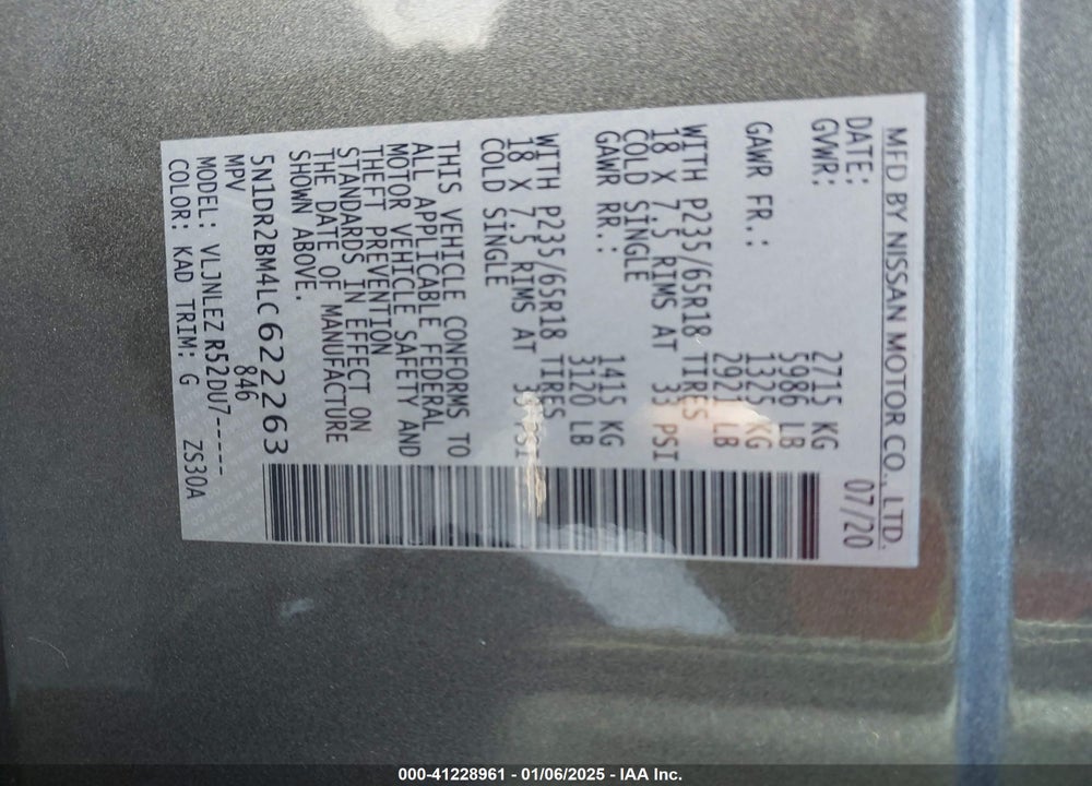 2020 NISSAN PATHFINDER VIN: 5N1DR2BM4LC622263