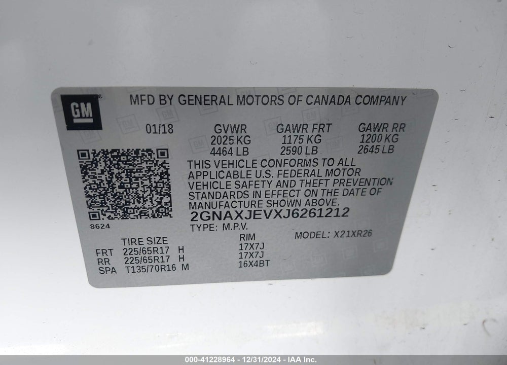 2018 CHEVROLET EQUINOX LT VIN: 2GNAXJEVXJ6261212