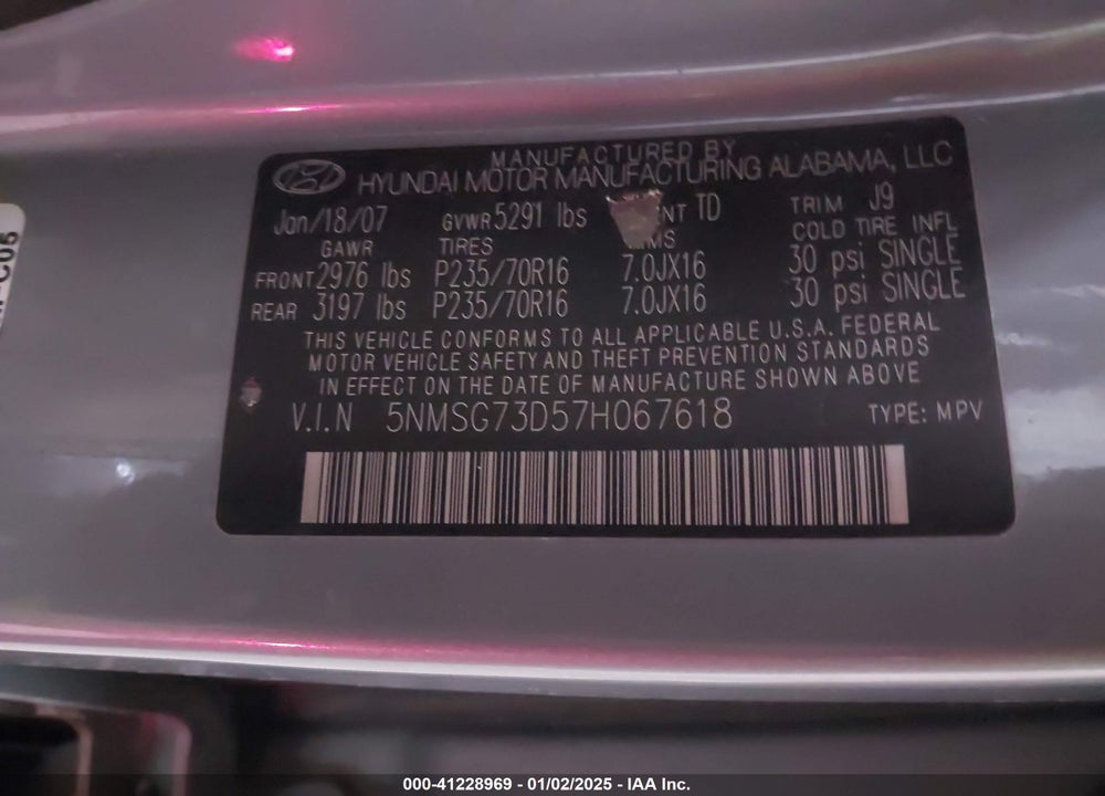 2007 HYUNDAI SANTA FE GLS VIN: 5NMSG73D57H067618
