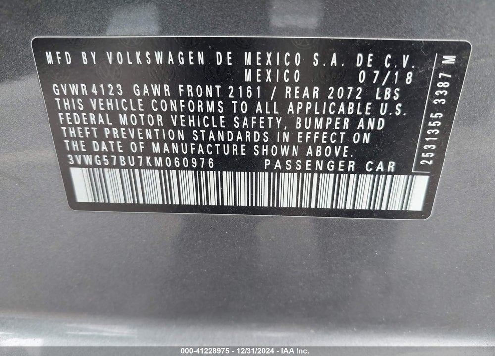 2019 VOLKSWAGEN JETTA VIN: 3VWG57BU7KM060976