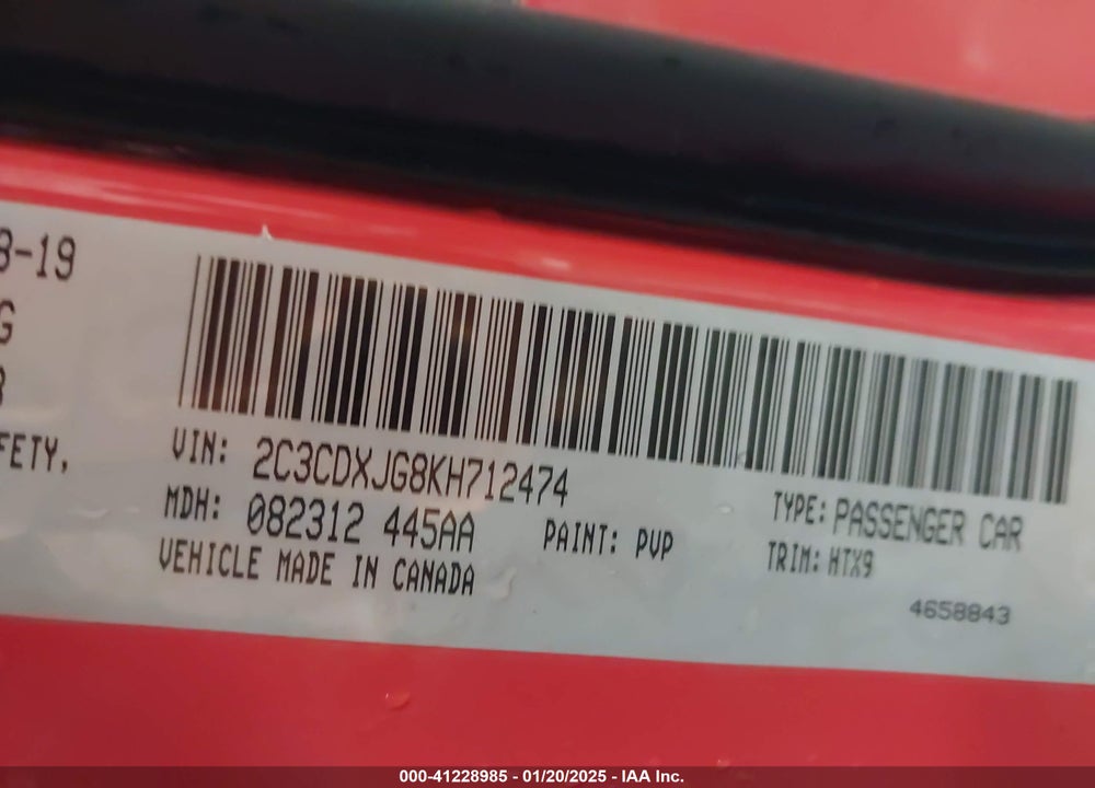 2019 DODGE CHARGER VIN: 2C3CDXJG8KH712474