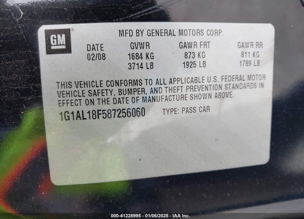 2008 CHEVROLET COBALT LT VIN: 1G1AL18F587256060