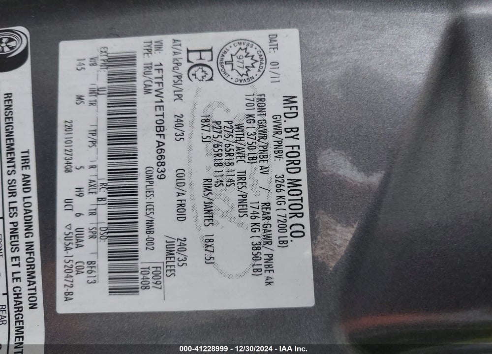 2011 FORD F-150 XLT VIN: 1FTFW1ET0BFA66839