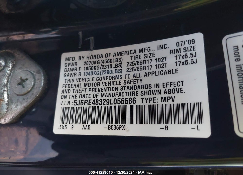 2009 HONDA CR-V LX VIN: 5J6RE48329L056686