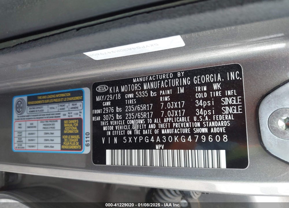 2019 KIA SORENTO 2.4L LX VIN: 5XYPG4A30KG479608