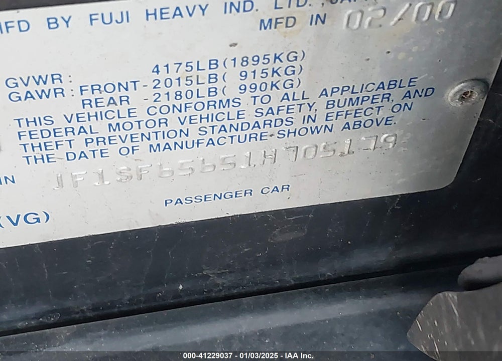 2001 SUBARU FORESTER S VIN: JF1SF65651H705179
