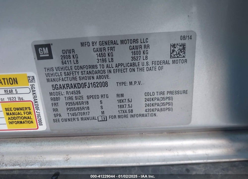 2015 BUICK ENCLAVE CONVENIENCE VIN: 5GAKRAKD0FJ162008