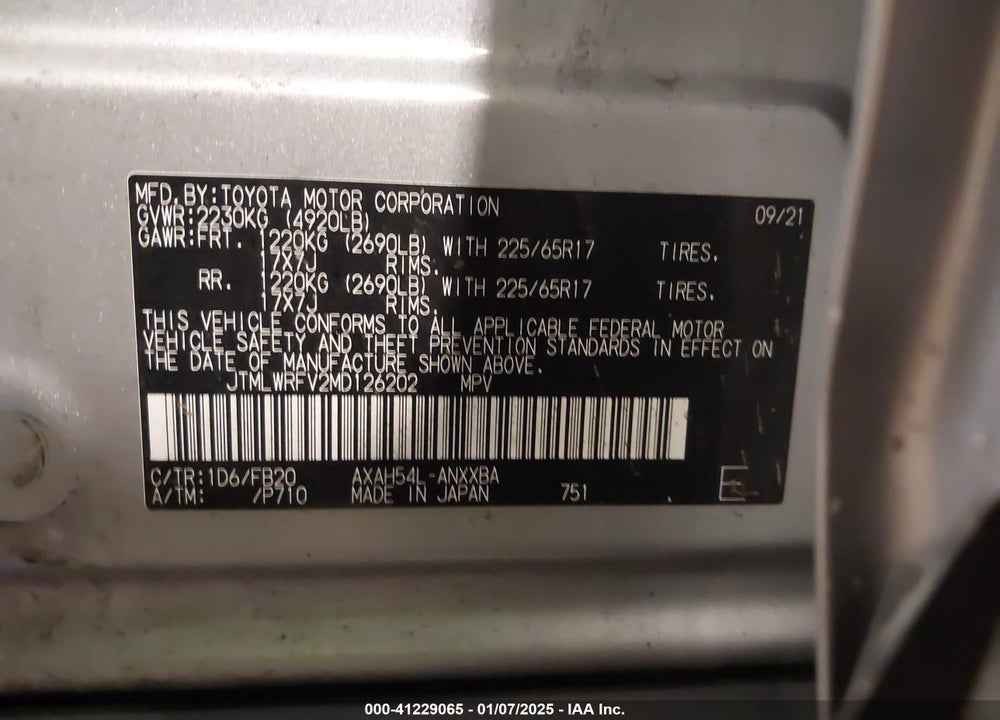 2021 TOYOTA RAV4 HYBRID LE VIN: JTMLWRFV2MD126202