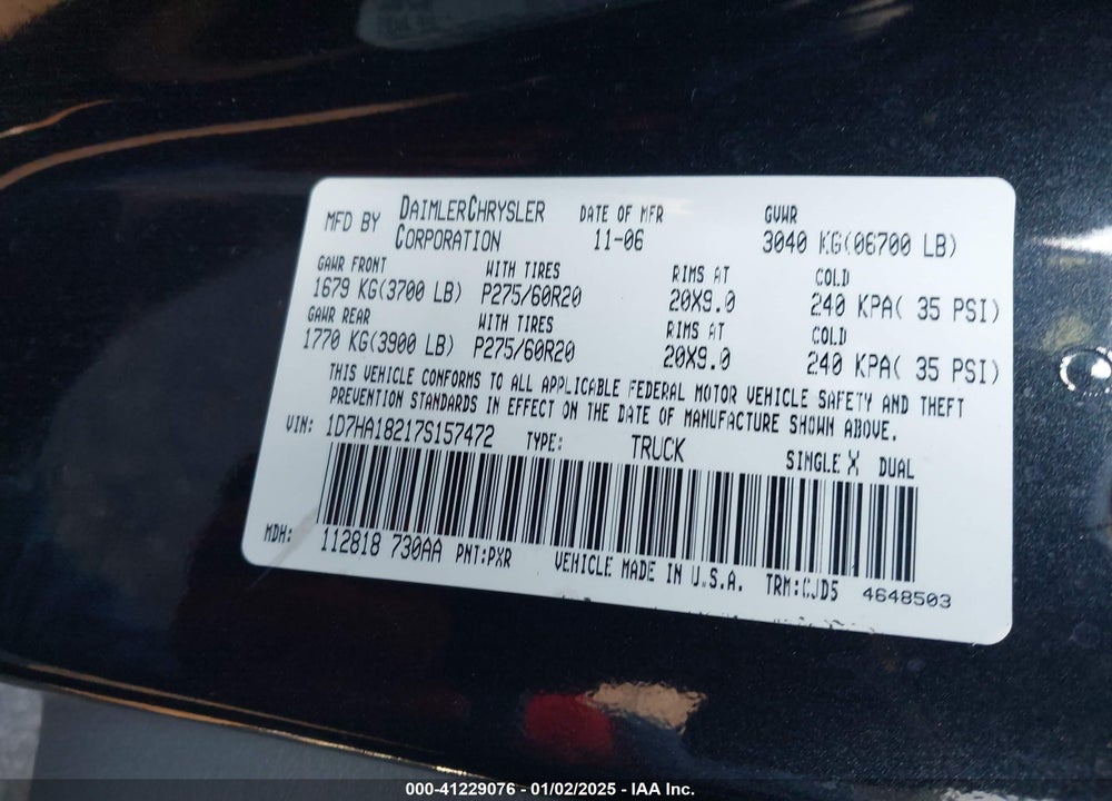 2007 DODGE RAM 1500 VIN: 1D7HA18217S157472