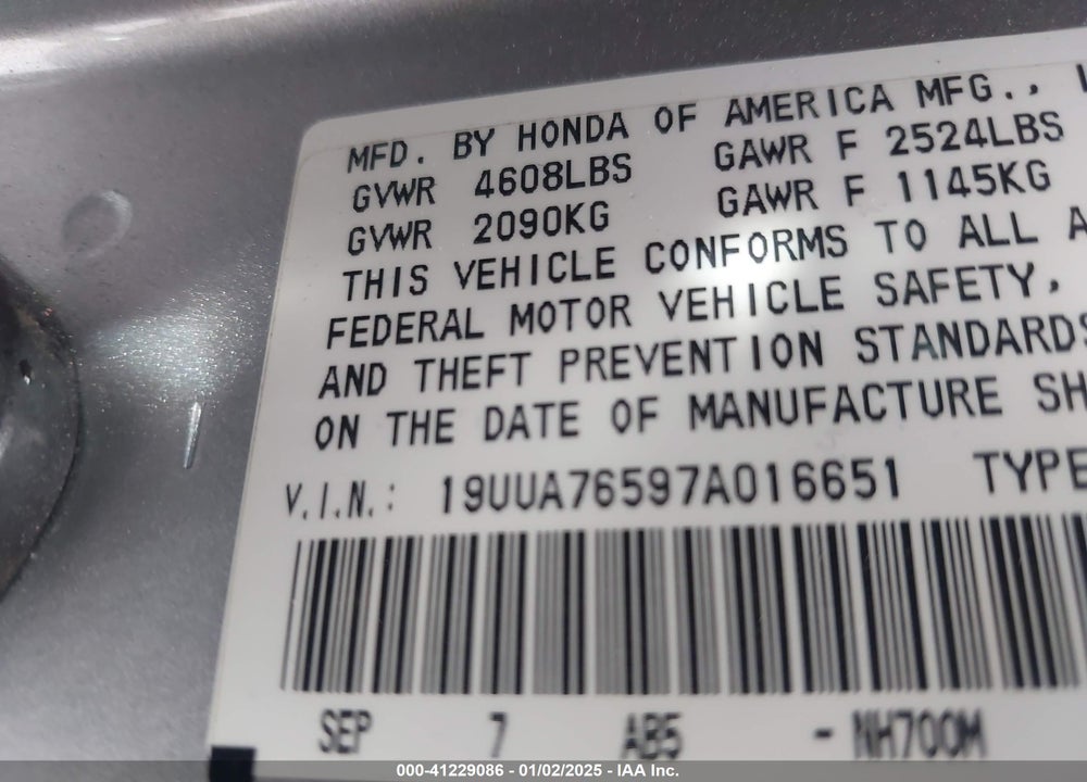 2007 ACURA TL VIN: 19UUA76597A016651
