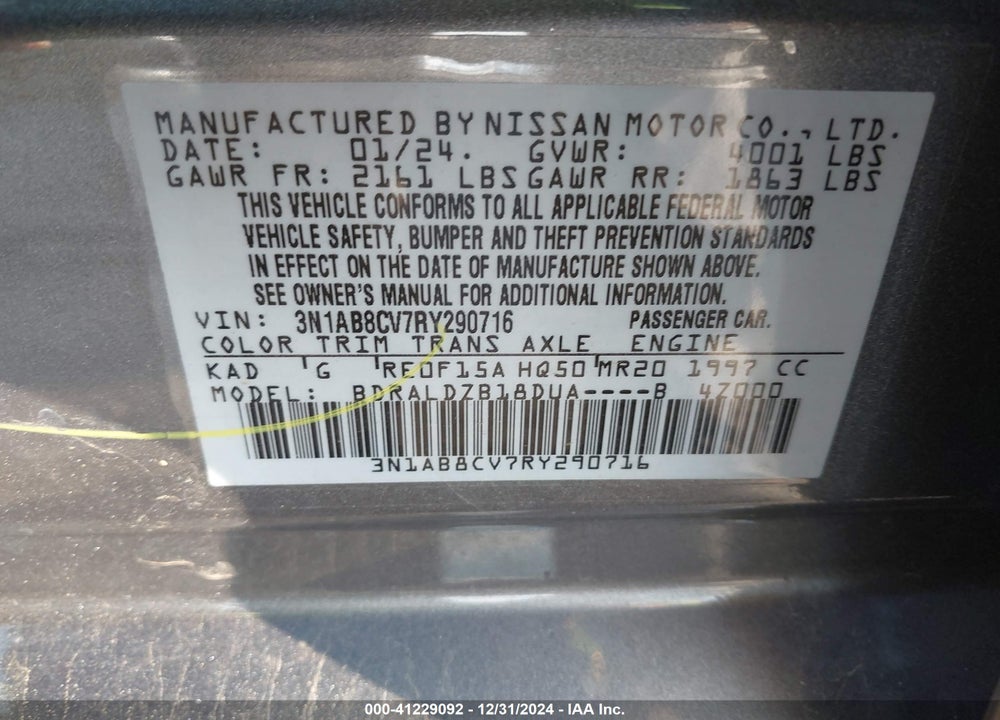 2024 NISSAN SENTRA VIN: 3N1AB8CV7RY290716
