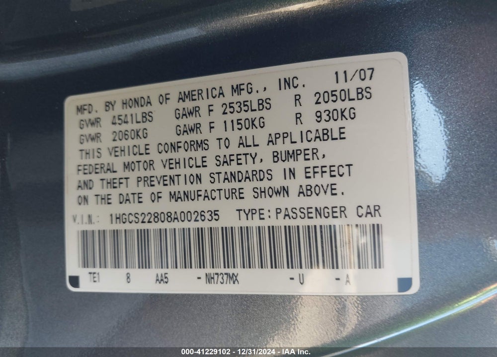 2008 HONDA ACCORD VIN: 1HGCS22808A002635