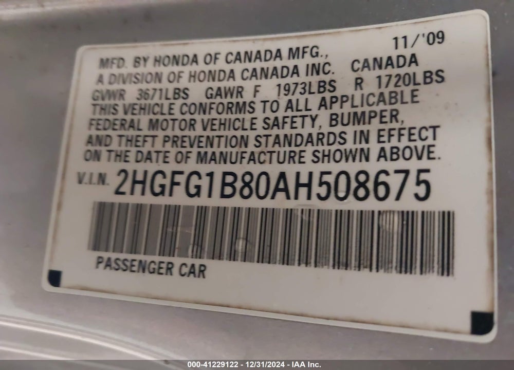 2010 HONDA CIVIC VIN: 2HGFG1B80AH508675