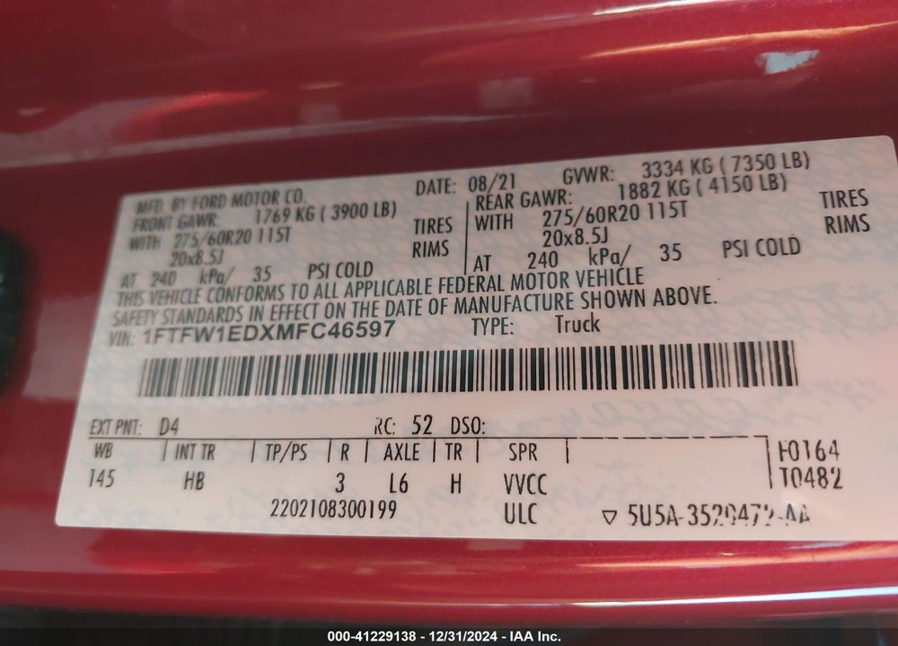 2021 FORD F-150 VIN: 1FTFW1EDXMFC46597