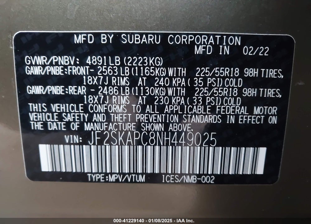 2022 SUBARU FORESTER LIMITED VIN: JF2SKAPC8NH449025