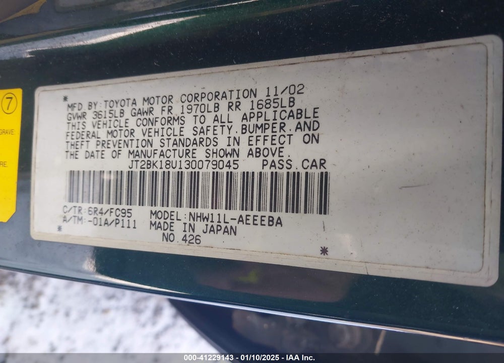 2003 TOYOTA PRIUS VIN: JT2BK18U130079045
