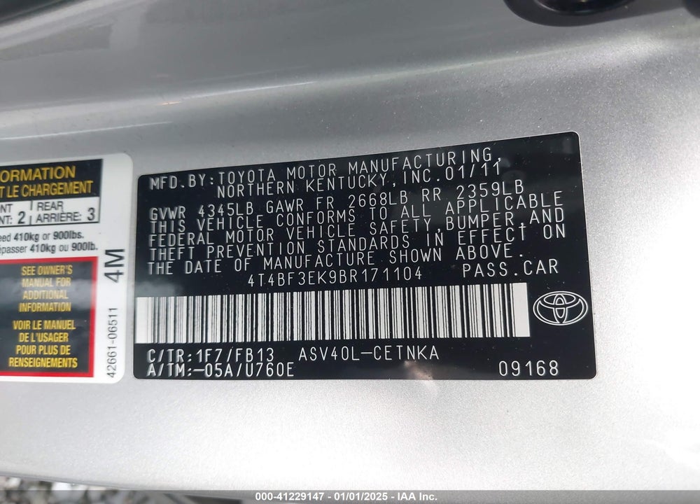 2011 TOYOTA CAMRY VIN: 4T4BF3EK9BR171104