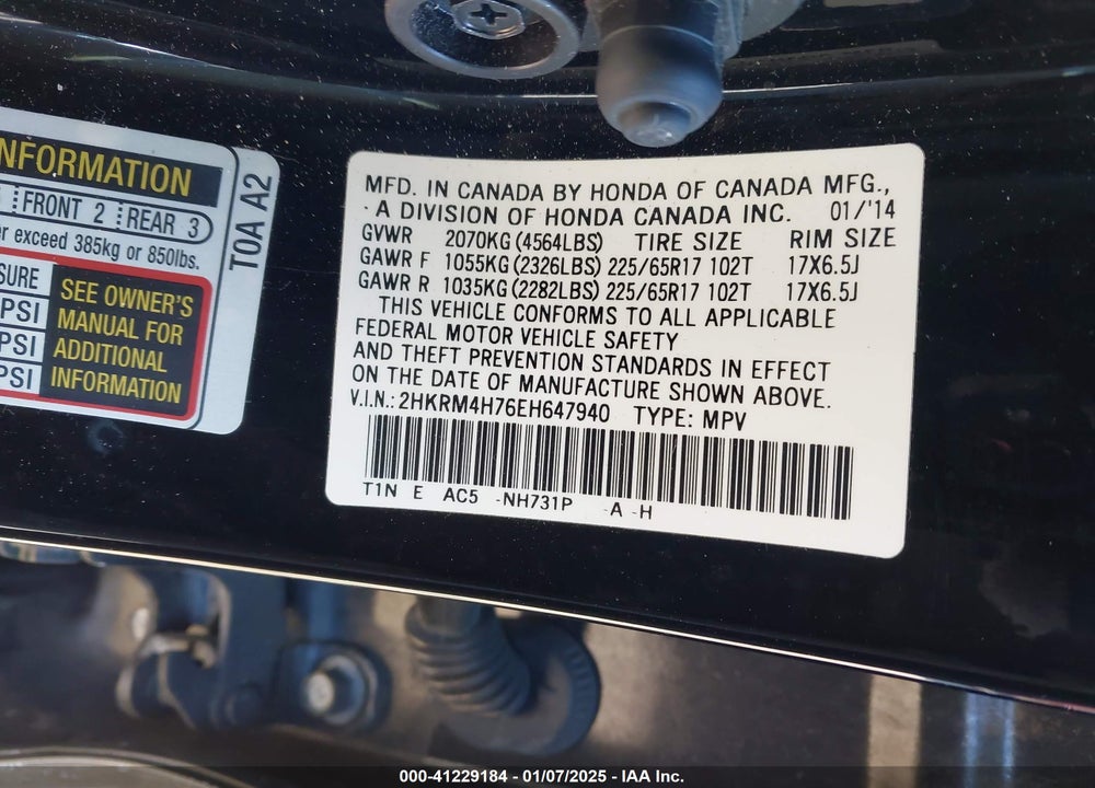 2014 HONDA CR-V EX-L VIN: 2HKRM4H76EH647940