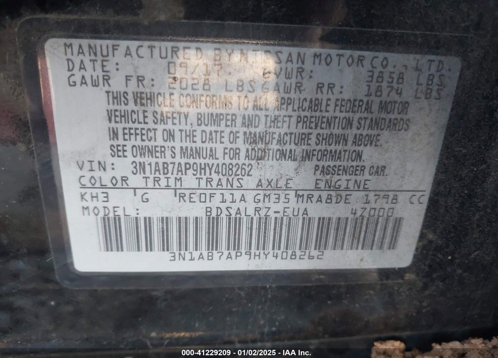 2017 NISSAN SENTRA VIN: 3N1AB7AP9HY408262