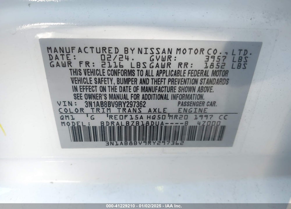 2024 NISSAN SENTRA S XTRONIC CVT VIN: 3N1AB8BV9RY297362