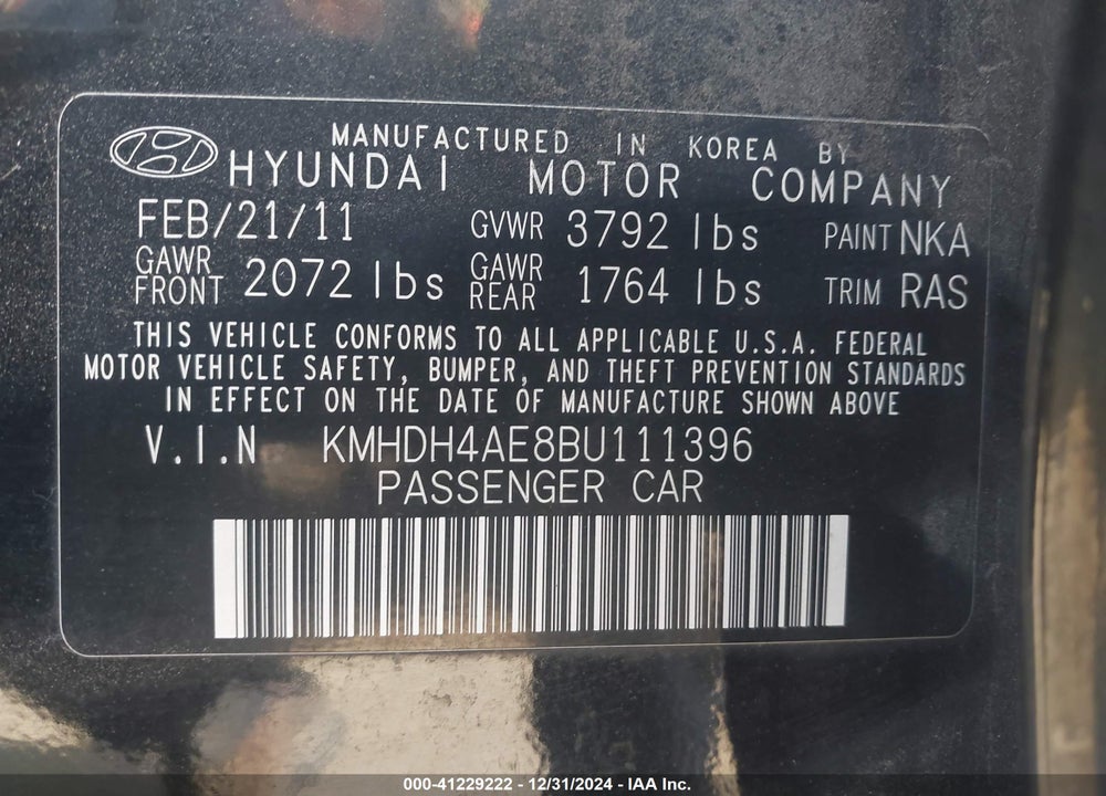 2011 HYUNDAI ELANTRA VIN: KMHDH4AE8BU111396