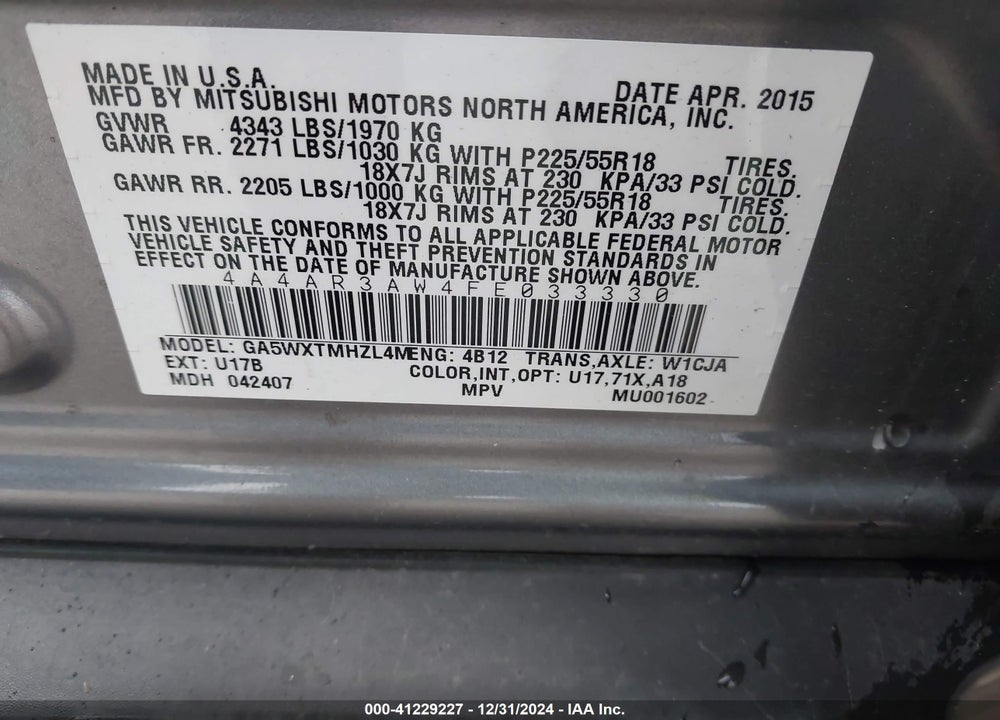 2015 MITSUBISHI OUTLANDER SPORT ES VIN: 4A4AR3AW4FE033330