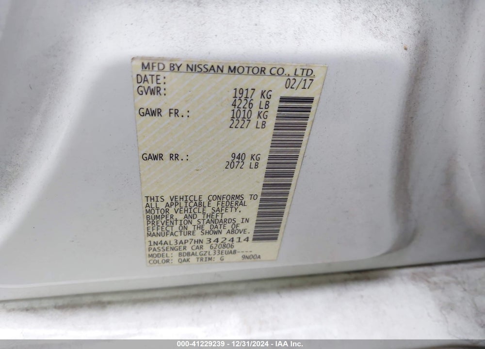 2017 NISSAN ALTIMA VIN: 1N4AL3AP7HN342414
