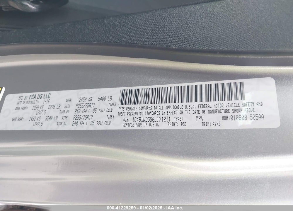 2016 JEEP WRANGLER UNLIMITED SPORT VIN: 1C4BJWDG9GL171211