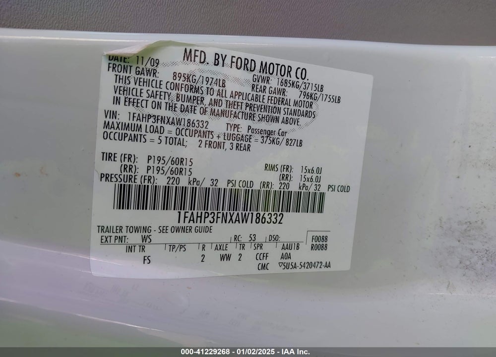2010 FORD FOCUS VIN: 1FAHP3FNXAW186332