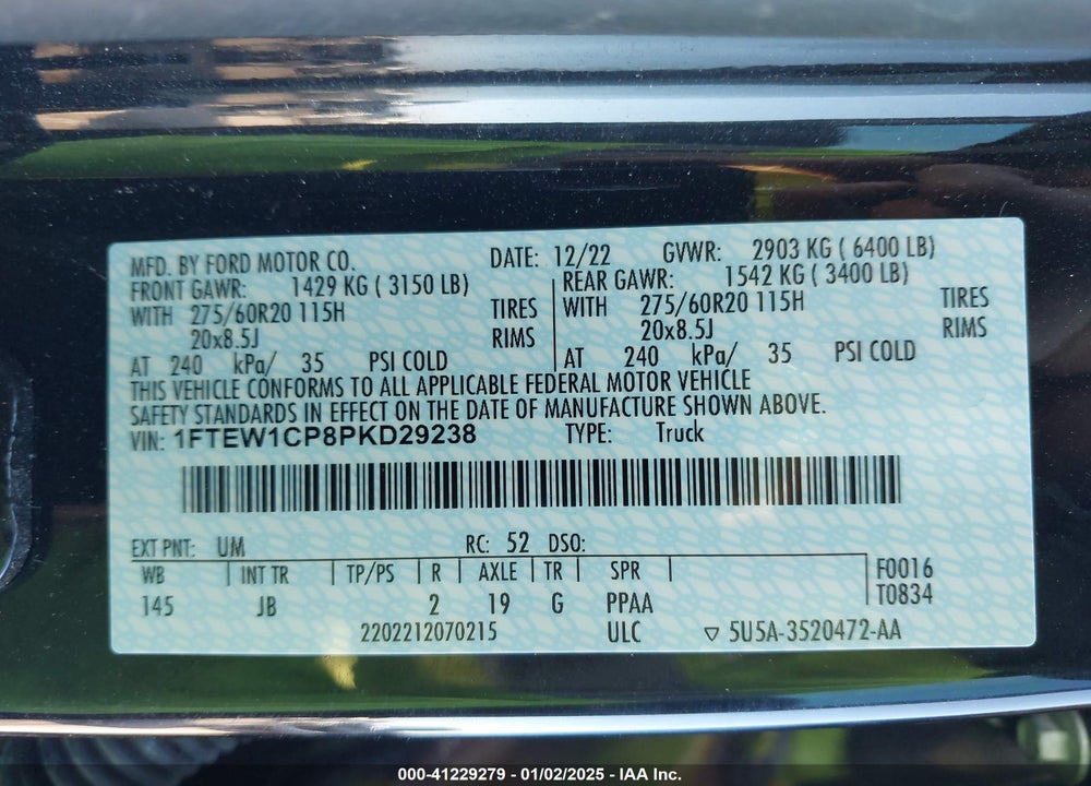 2023 FORD F-150 VIN: 1FTEW1CP8PKD29238