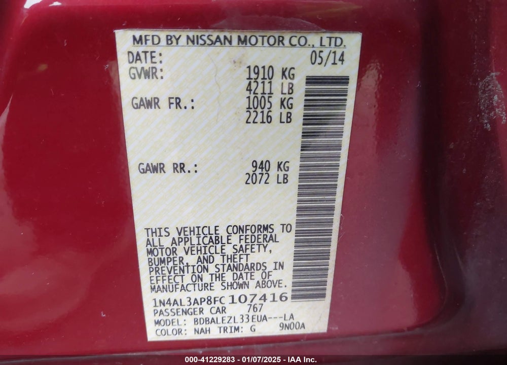 2015 NISSAN ALTIMA VIN: 1N4AL3AP8FC107416