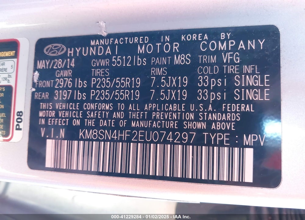 2014 HYUNDAI SANTA FE GLS VIN: KM8SN4HF2EU074297