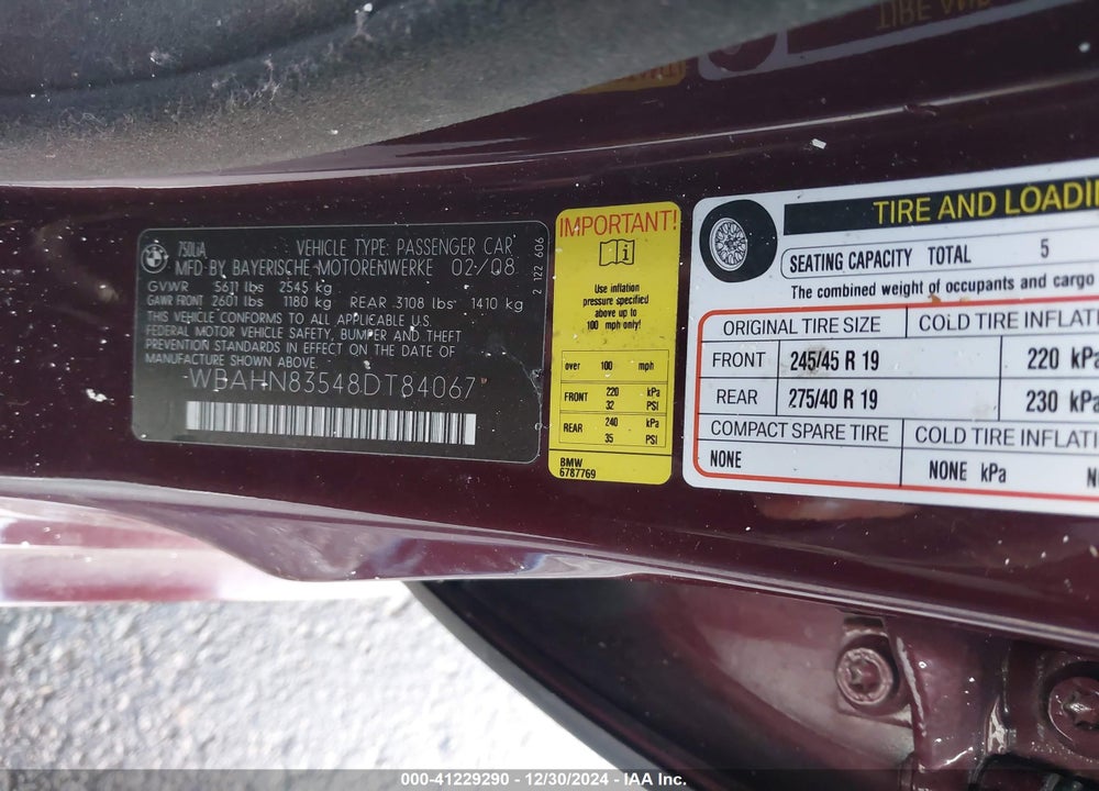 2008 BMW 750LI VIN: WBAHN83548DT84067