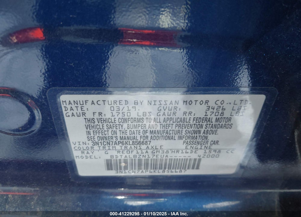 2019 NISSAN VERSA 1.6 SV VIN: 3N1CN7AP6KL856687