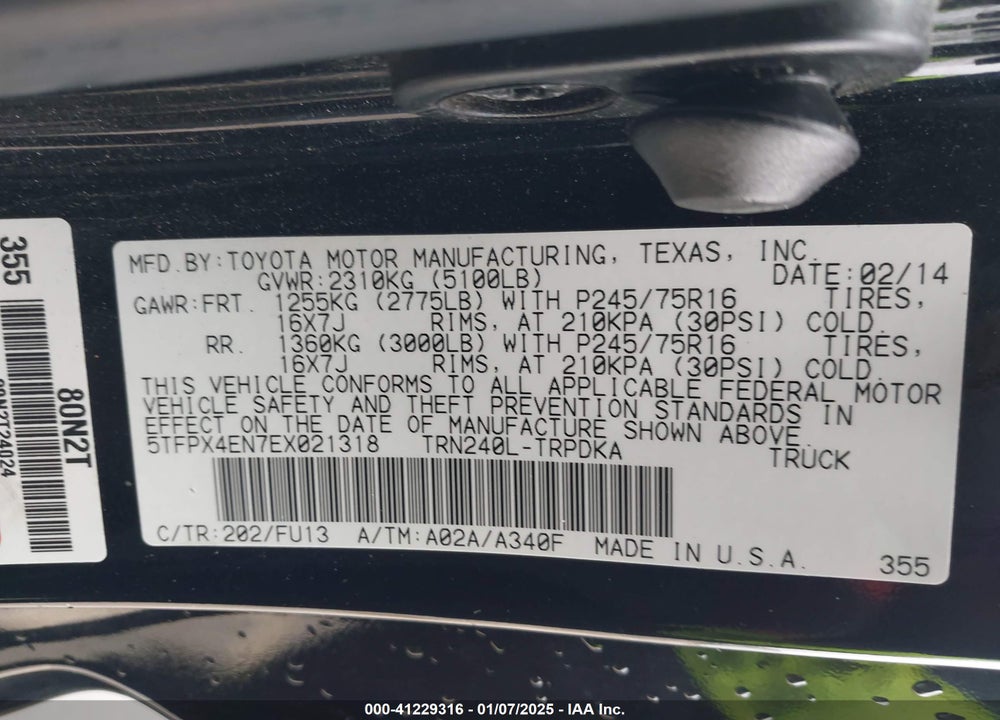2014 TOYOTA TACOMA VIN: 5TFPX4EN7EX021318