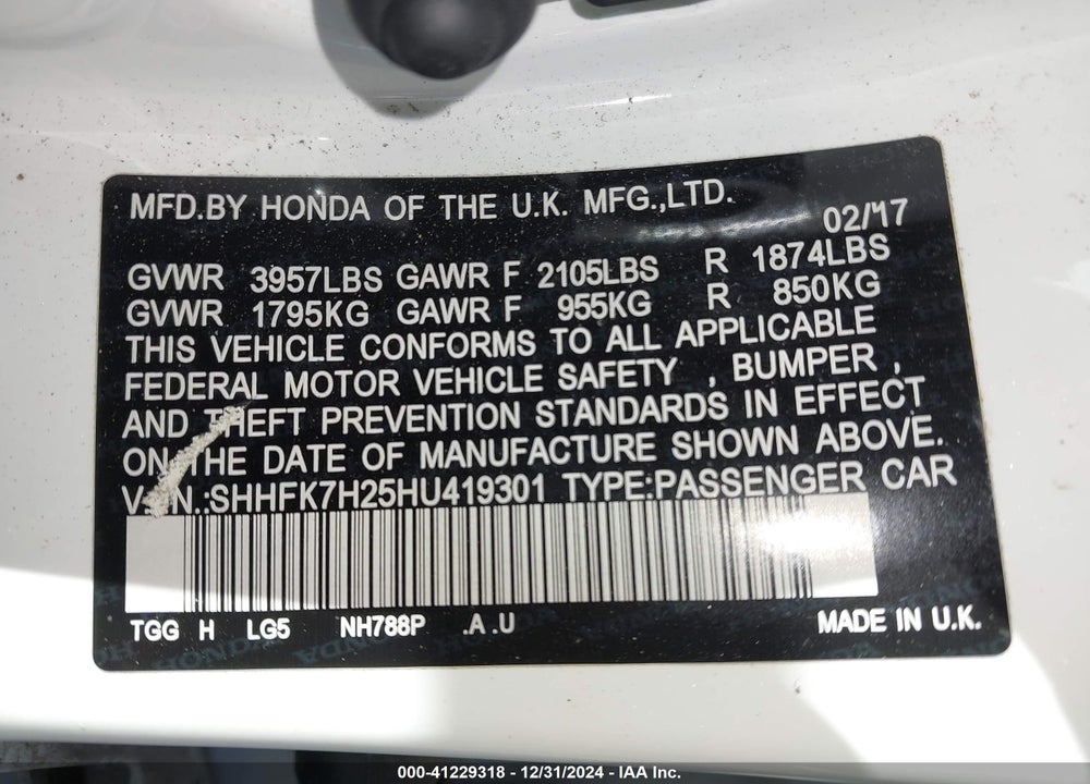 2017 HONDA CIVIC VIN: SHHFK7H25HU419301
