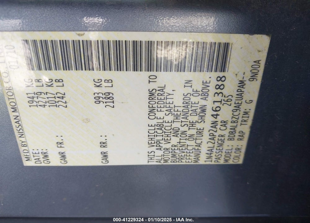 2010 NISSAN ALTIMA 2.5 S VIN: 1N4AL2AP2AN461388