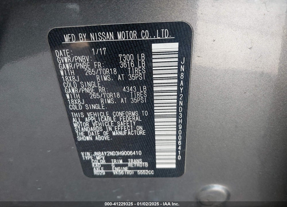 2017 NISSAN ARMADA VIN: JN8AY2ND3H9006410