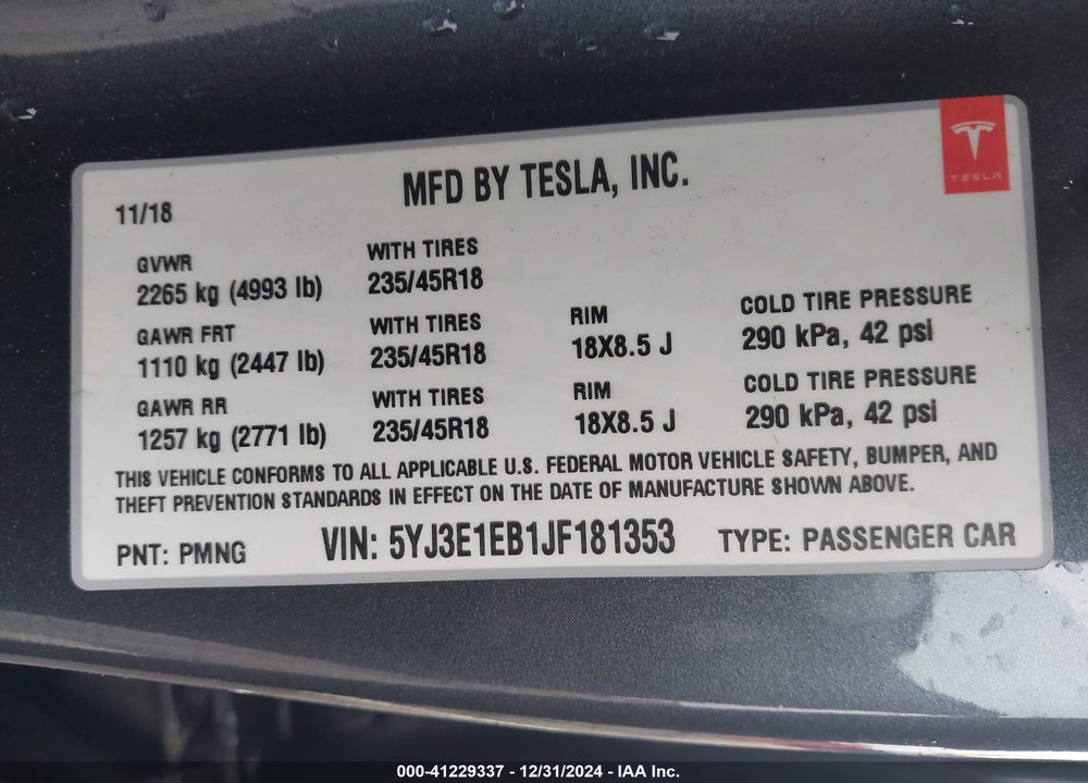 2018 TESLA MODEL 3 LONG RANGE/PERFORMANCE VIN: 5YJ3E1EB1JF181353