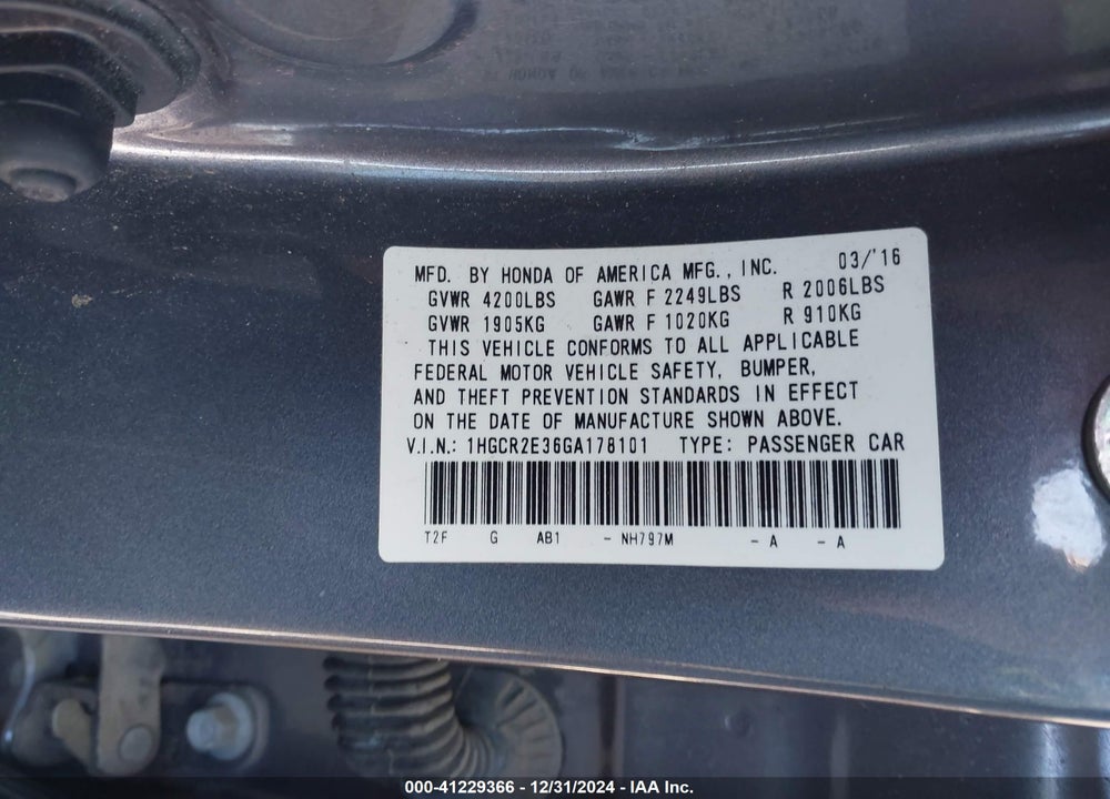 2016 HONDA ACCORD VIN: 1HGCR2E36GA178101