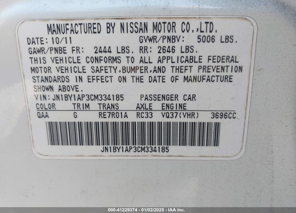 2012 INFINITI M37 BASE (A7) VIN: JN1BY1AP3CM334185