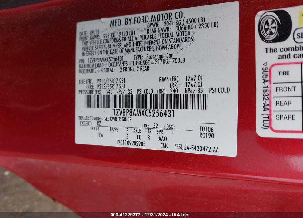 2012 FORD MUSTANG VIN: 1ZVBP8AMXC5256431