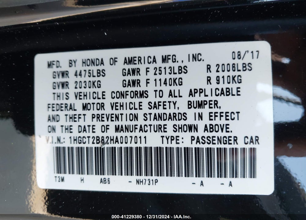2017 HONDA ACCORD VIN: 1HGCT2B82HA007011